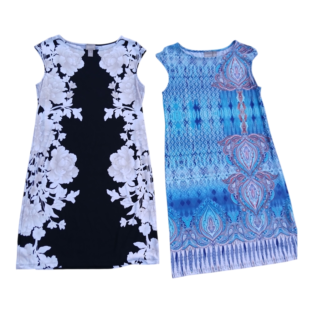 5 Chico’s Dress Sleeveless Slinky Midi Short Iona Casual Allover Print Vibrant 1 - Picture 15 of 16